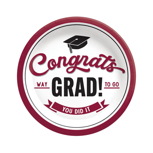 Graduation-themed paper plate with 'Congrats Way Grad! To Go You Did It' text and a graduation cap.