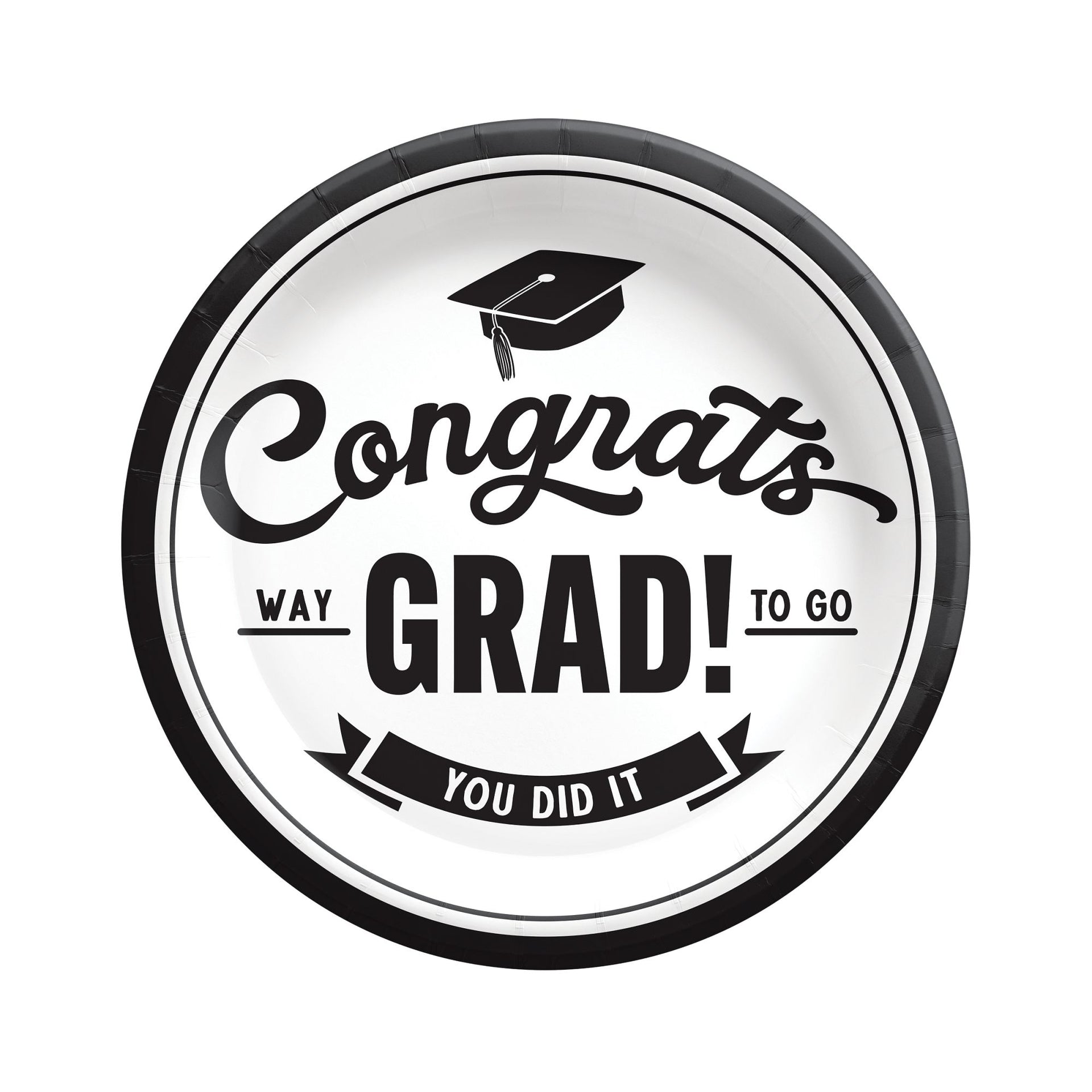 Graduation-themed decorative plate with 'Congrats Grad!' text and a cap icon.
