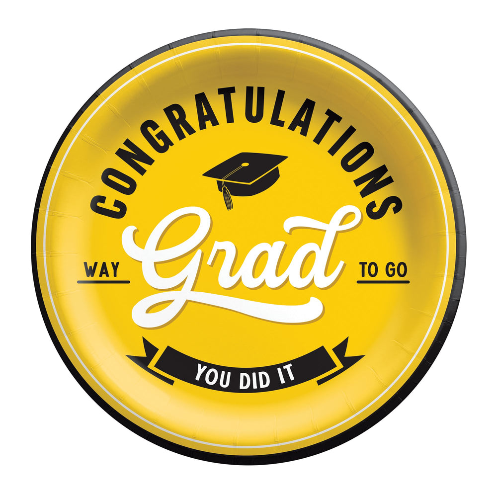 Graduation-themed paper plate with 'Congratulations Grad' text on a yellow background