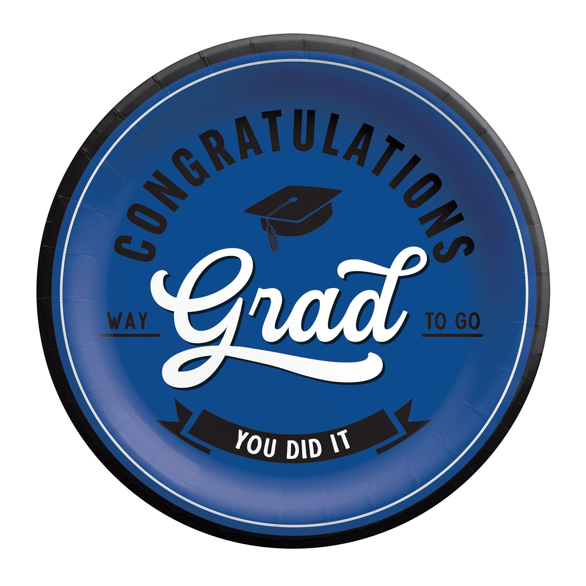 Graduation-themed paper plate with blue background and black and white text.