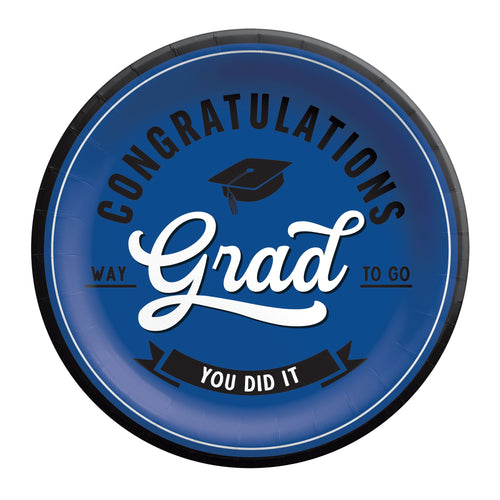 Graduation-themed paper plate with blue background and black and white text.