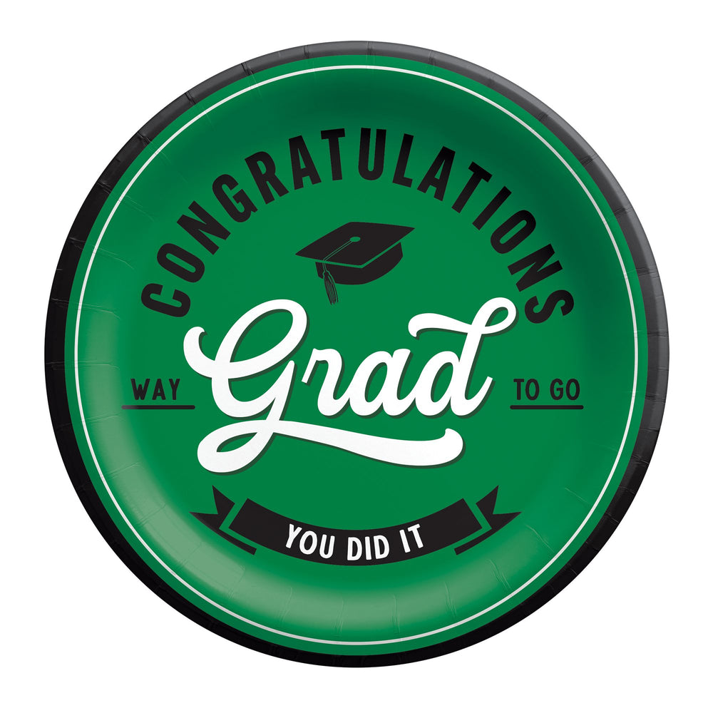 Graduation-themed paper plate with 'Congratulations Grad' text on a green background