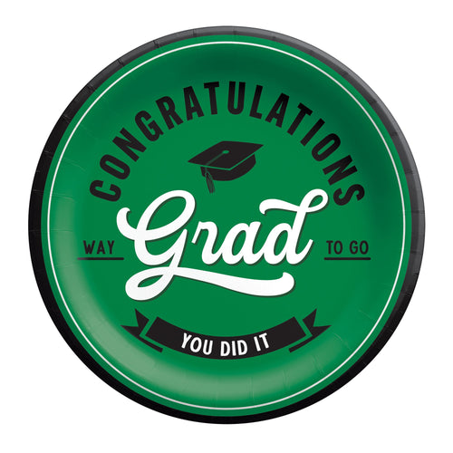 Graduation-themed paper plate with 'Congratulations Grad' text on a green background