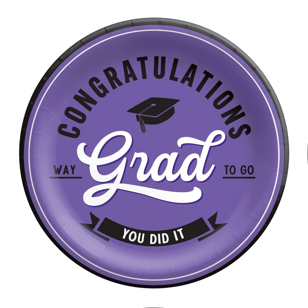 Graduation-themed paper plate with 'Congratulations Grad' text on a purple background