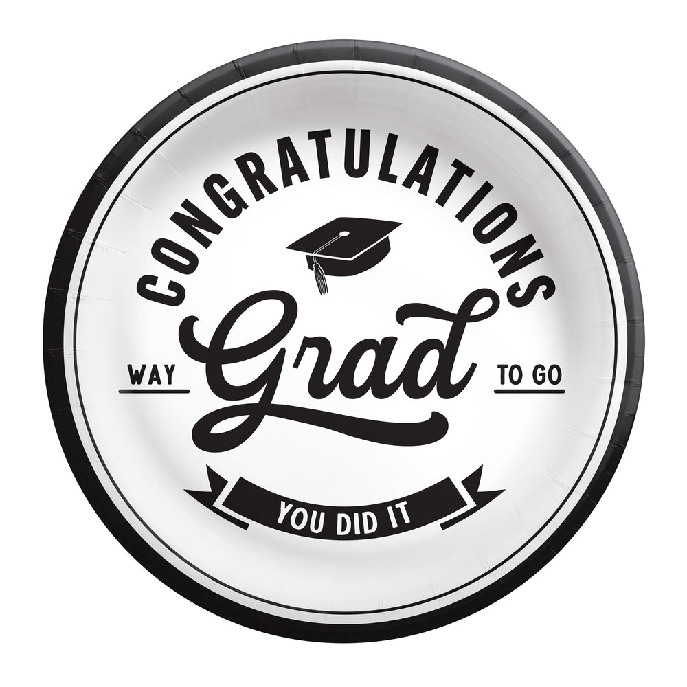 Graduation-themed paper plate with 'Congratulations Grad' text and a cap on a white background
