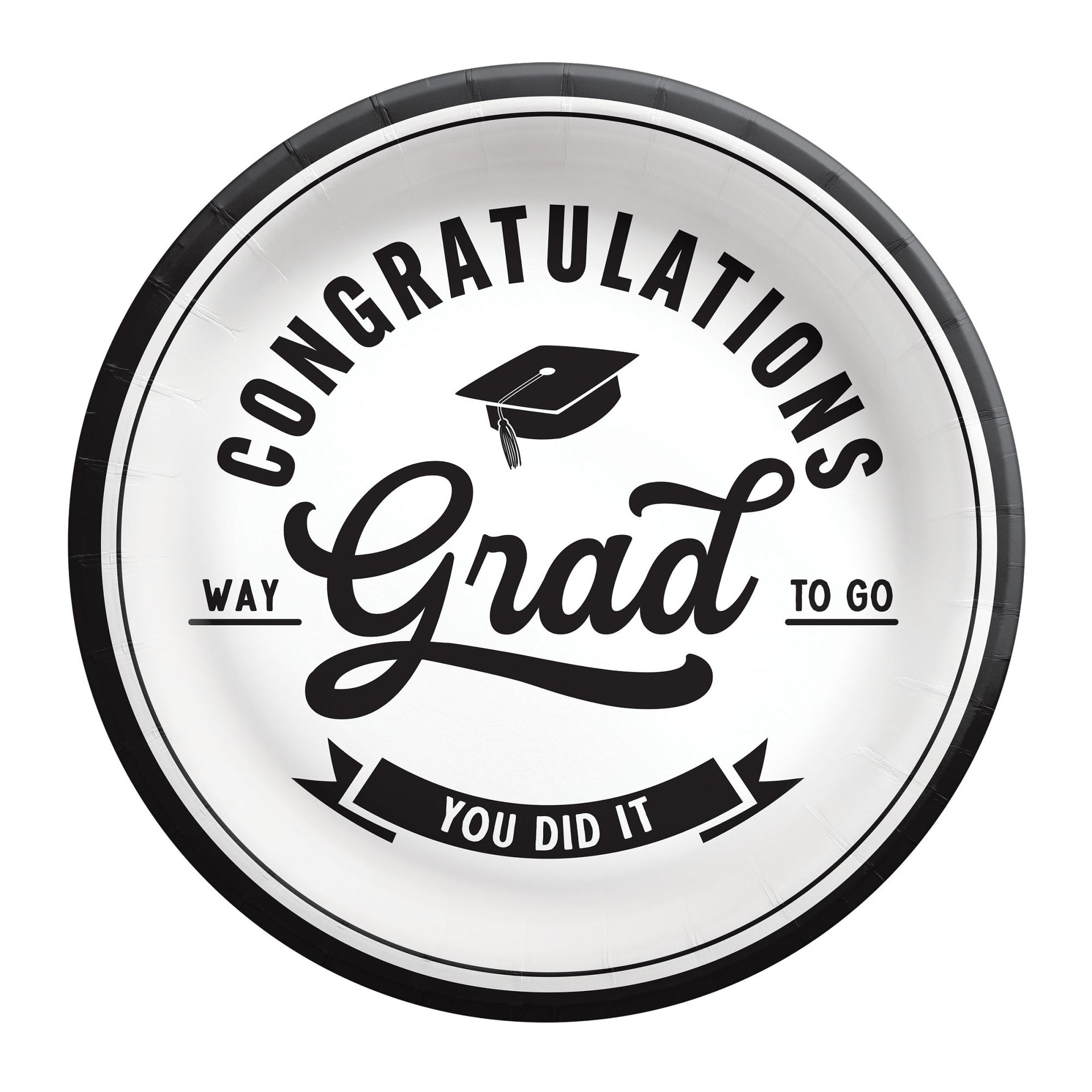 Graduation-themed paper plate with 'Congratulations Grad' text and a cap on a white background