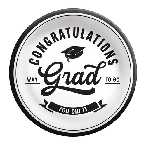 Graduation-themed paper plate with 'Congratulations Grad' text and a cap on a white background