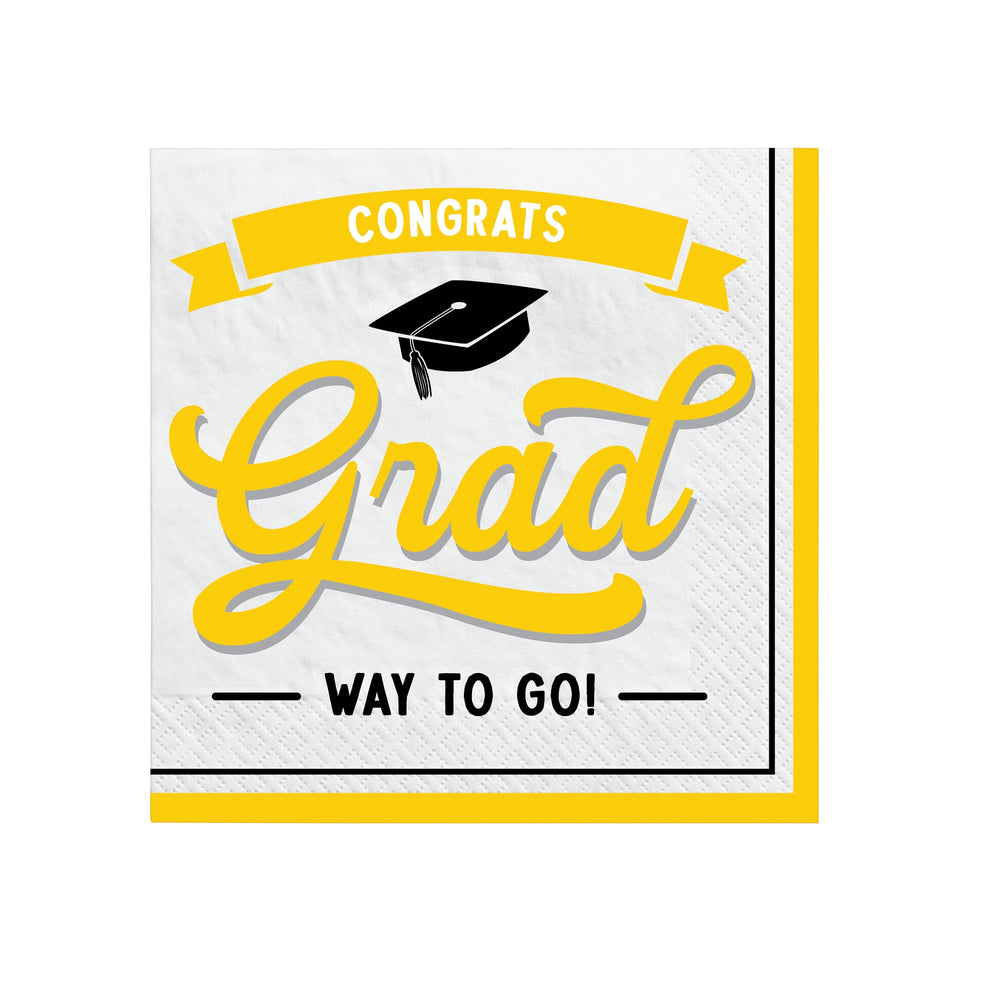 Graduation-themed napkin with 'Congrats Grad Way to Go!' text and a cap on a white background
