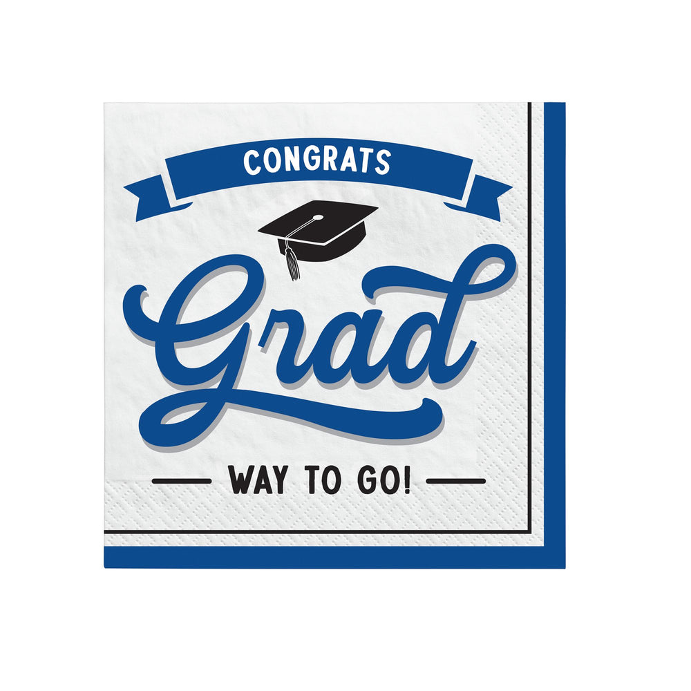 Graduation-themed napkin with 'Congrats Grad Way to Go!' text and a graduation cap on a white background.