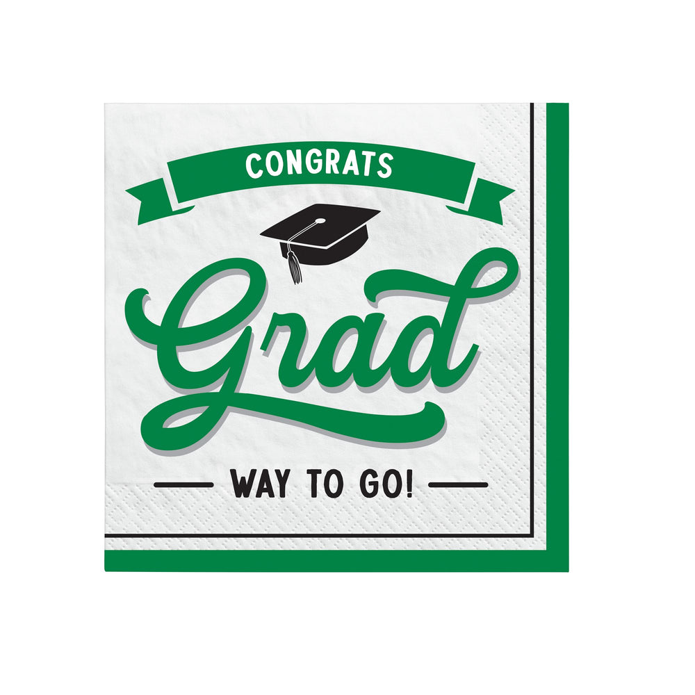 Graduation-themed napkin with 'Congrats Grad Way to Go!' text and a cap on a white background
