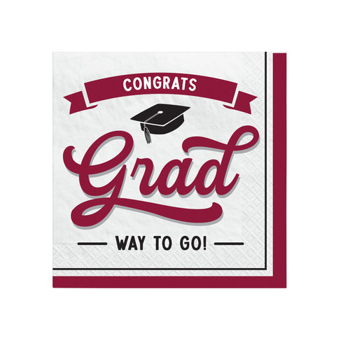 Graduation-themed napkin with 'Congrats Grad Way to Go!' text and a cap on a white background