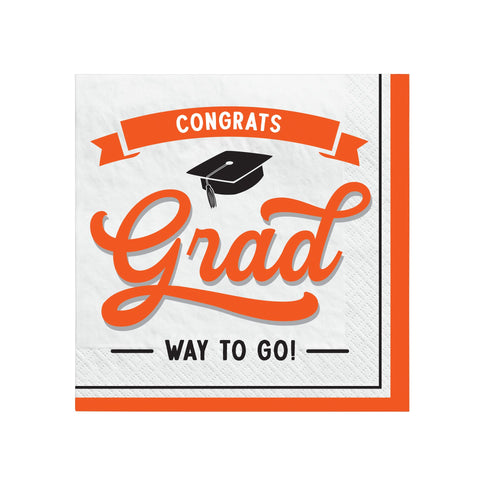 Graduation-themed paper napkin with 'Congrats Grad Way To Go!' text and a graduation cap on a white background.