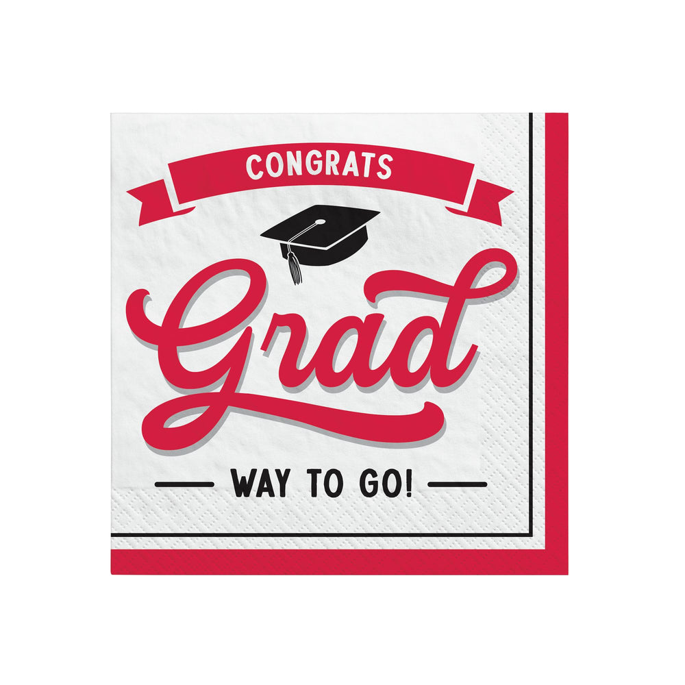 Graduation-themed napkin with 'Congrats Grad Way to Go!' text and a graduation cap on a white background.