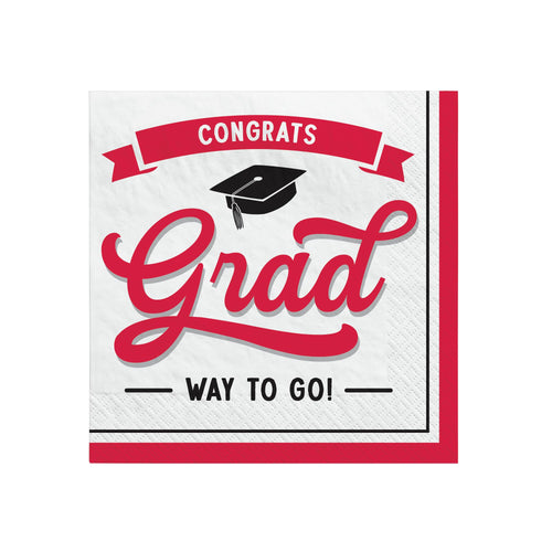 Graduation-themed napkin with 'Congrats Grad Way to Go!' text and a graduation cap on a white background.