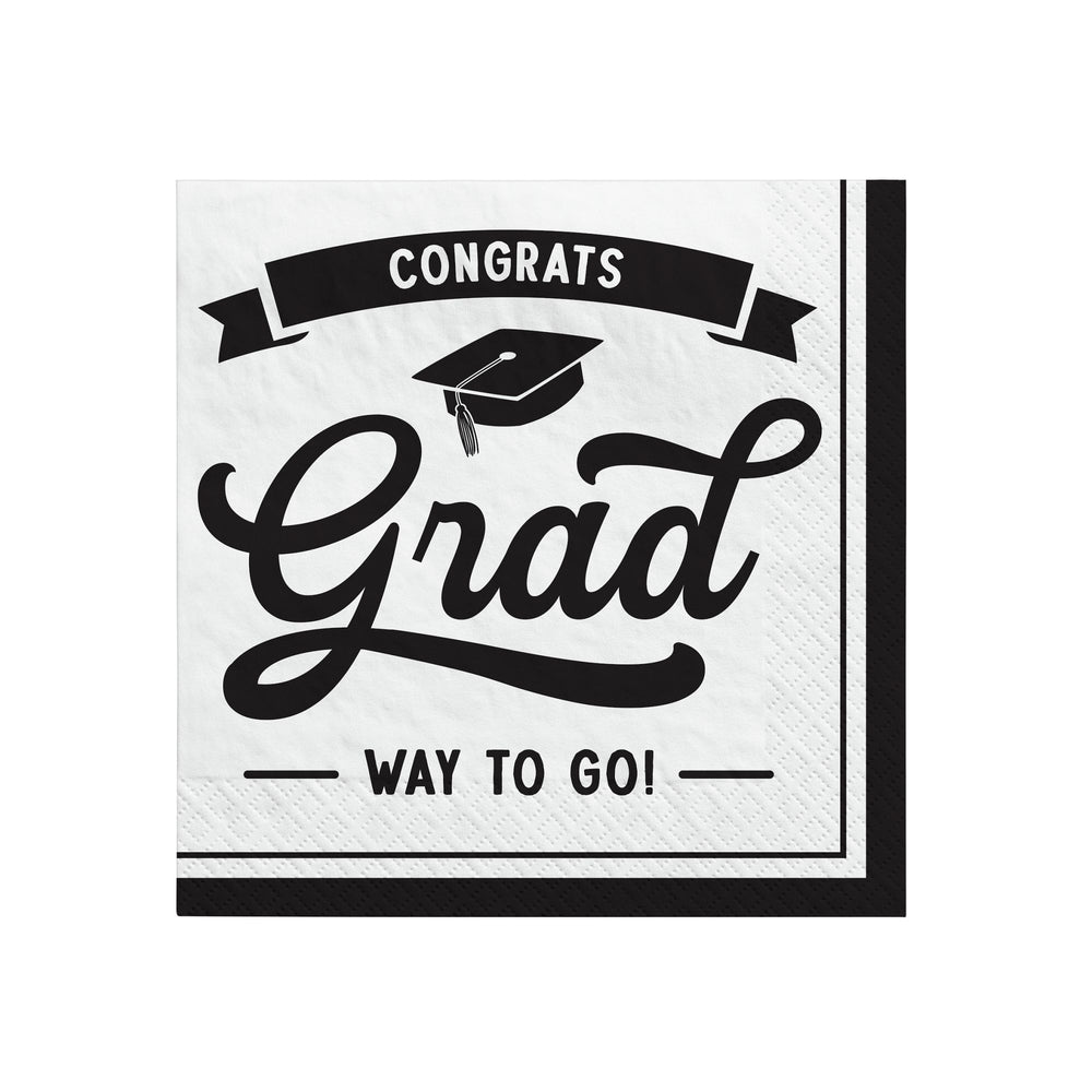 Graduation-themed napkin with 'Congrats Grad Way to Go!' text and a cap on a white background