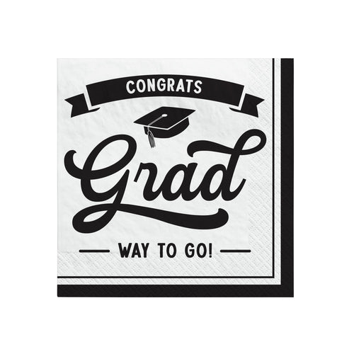 Graduation-themed napkin with 'Congrats Grad Way to Go!' text and a cap on a white background