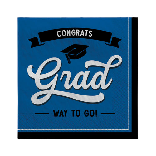 Graduation-themed napkin with 'Congrats Grad Way to Go!' text on a blue background