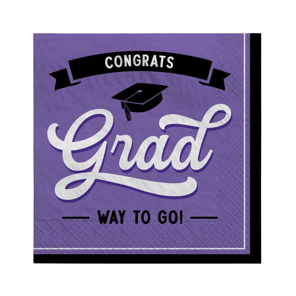 Graduation-themed napkin with 'Congrats Grad Way To Go!' text on a purple background