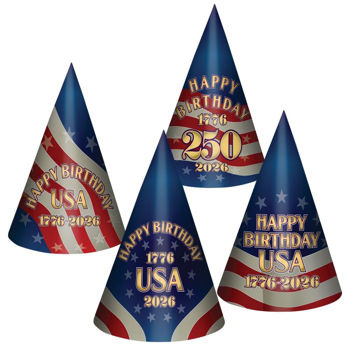 Four party hats with 'Happy Birthday USA 1776-2026' text on a white background