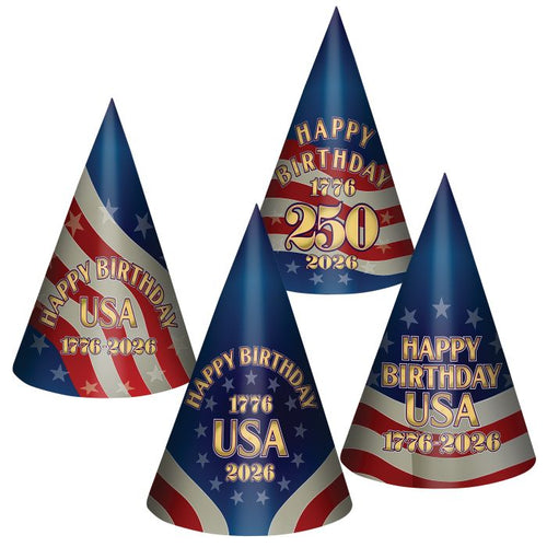 Four party hats with 'Happy Birthday USA 1776-2026' text on a white background