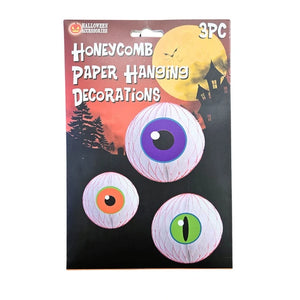 Pack of 3 Halloween paper hanging decorations shaped like eyeballs, shown in its retail packaging against a white background.