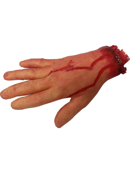 Prosthetic hand with a wound and blood simulation on a white background