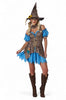 Woman wearing a witch costume with a blue dress and brown hat on a white background