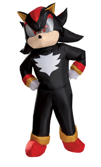 Inflatable costume of Shadow the Hedgehog, featuring a black body with red, gold, and white accents, shown on a plain white background.