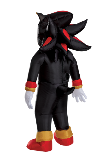 A child's inflatable costume of Shadow the Hedgehog, shown from the back. The costume is primarily black with red and gold accents on the gloves, shoes, and collar, and white gloves.