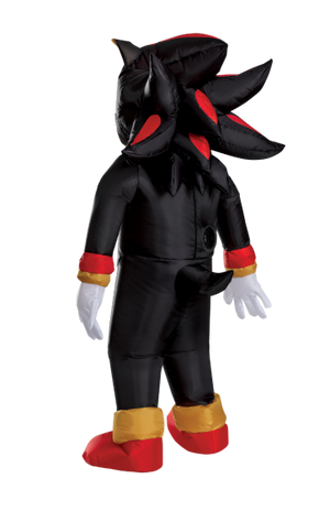 A child's inflatable costume of Shadow the Hedgehog, shown from the back. The costume is primarily black with red and gold accents on the gloves, shoes, and collar, and white gloves.