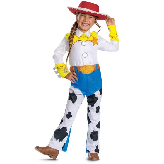 Child wearing a Jessie costume from Toy Story on a white background