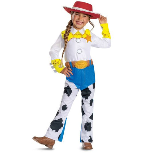 Child wearing a Jessie costume from Toy Story on a white background