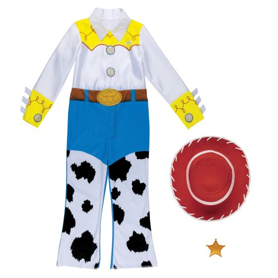 A children's Woody-style cowboy costume set on a plain white background, including a white long-sleeve top with yellow chest and cuff details, blue pants, black cow-print lower legs, a brown belt with a gold buckle, a red hat, and a small gold star accessory.