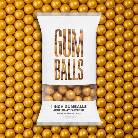 Bag of 1-inch gumballs with gold gumballs surrounding it