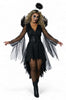 Person wearing a black and gray angel costume on a white background