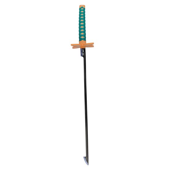 Sword with a green and brown handle on a white background