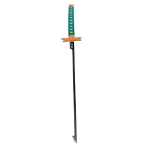 Sword with a green and brown handle on a white background
