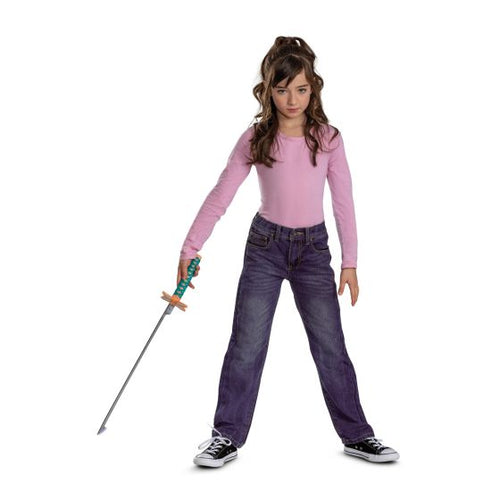Girl in pink shirt and purple jeans holding a sword on a white background