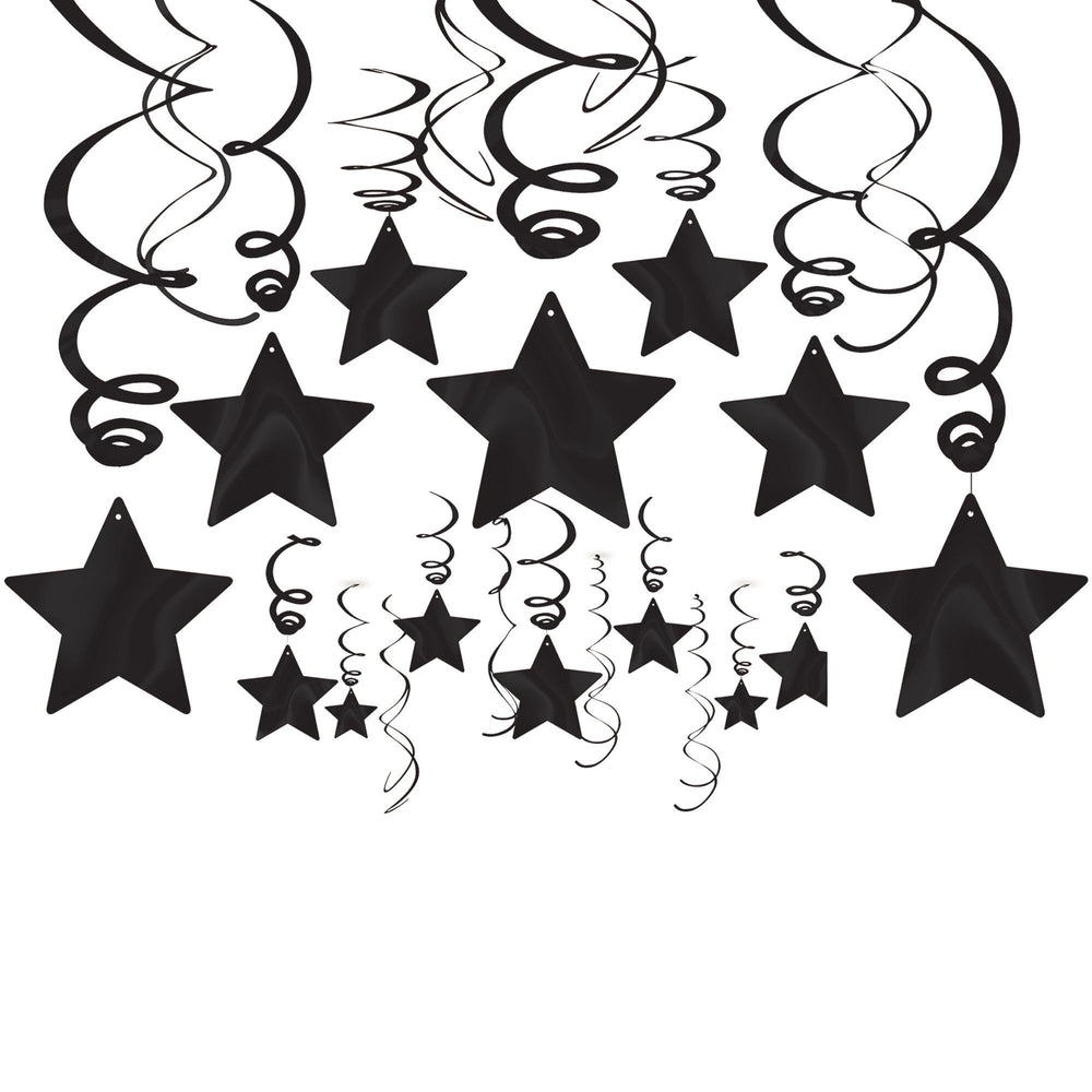 Black star-shaped party decorations with swirling designs on a white background