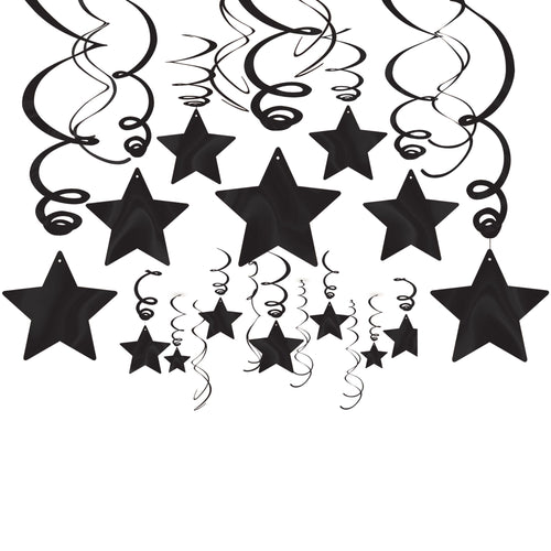 Black star-shaped party decorations with swirling designs on a white background