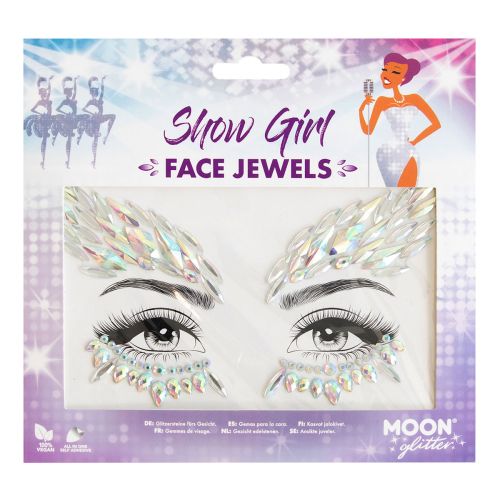 Packaging of Show Girl Face Jewels with iridescent designs on a colorful background