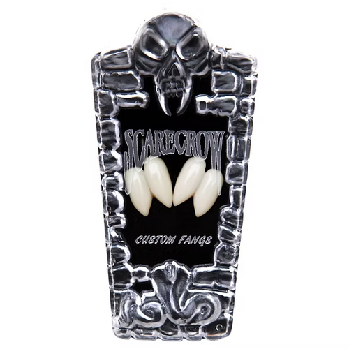 A coffin-shaped display case for custom teeth or fangs, featuring a skull at the top, a black center panel with the words 'SCARECROW' and 'CUSTOM FANGS,' and three cream-colored fangs displayed in the middle, all on a white background.