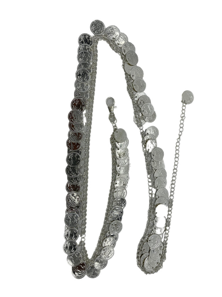 Silver beaded necklace on a white background