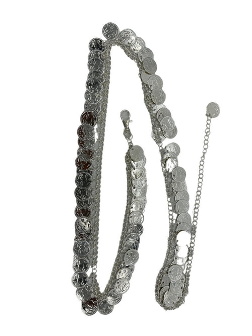 Silver beaded necklace on a white background
