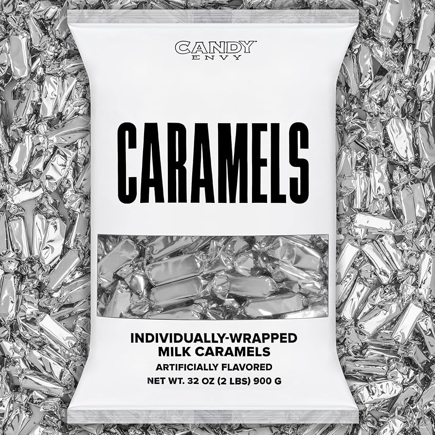 Packaging of Candy Envy caramSilver Foil-Wrapped Caramels 32ozels on a background of caramel pieces