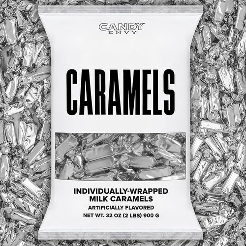 Packaging of Candy Envy caramSilver Foil-Wrapped Caramels 32ozels on a background of caramel pieces