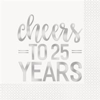 Silver 'Cheers to 25 Years' text on a white background