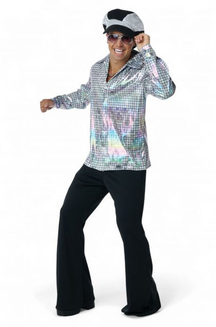 Person wearing a colorful checkered shirt, black pants, and a cap on a white background