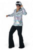 Person wearing a colorful checkered shirt, black pants, and a cap on a white background