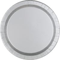White paper plate with silver rim on a white background